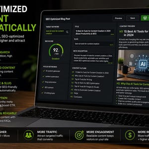 Op de afbeelding: Een laptop toont een SEO-geoptimaliseerde blogpostinterface. Het scherm toont tools voor het maken van content, SEO-scores en content outlines. De tekst luidt "SEO OPTIMIZED CONTENT AUTOMATICALLY".