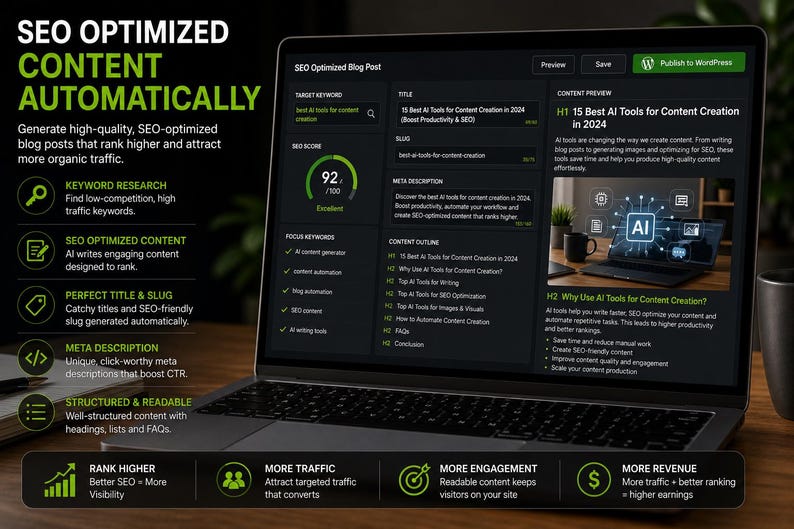 Op de afbeelding: Een laptop toont een SEO-geoptimaliseerde blogpostinterface. Het scherm toont tools voor het maken van content, SEO-scores en content outlines. De tekst luidt "SEO OPTIMIZED CONTENT AUTOMATICALLY".