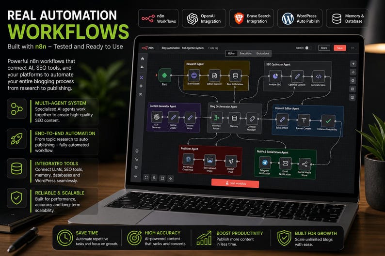 Op de afbeelding: Een laptop toont een workflowdiagram met de tekst "REAL AUTOMATION WORKFLOWS". Het diagram toont een complex netwerk van onderling verbonden knooppunten en lijnen, wat wijst op een systeem voor het automatiseren van bloggen. De laptop staat op een houten oppervlak.