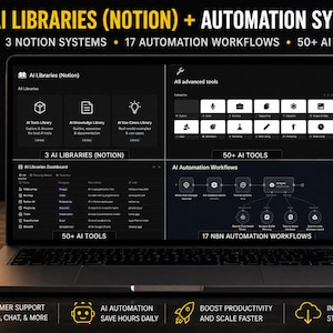Puede incluir: Una computadora portátil muestra una interfaz oscura con el texto "3 AI LIBRARIES (NOTION) + AUTOMATION SYSTEM." La pantalla muestra varias herramientas y flujos de trabajo. Una taza negra con el texto "AUTOMATE CREATE SCALE" está a la izquierda.