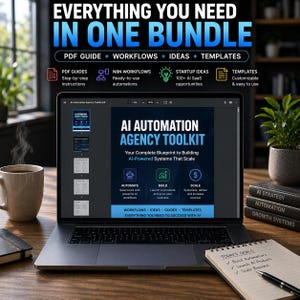 May include: A laptop displays "AI Automation Agency Toolkit" with the text "Everything You Need In One Bundle." The screen shows a guide, workflows, ideas, and templates. A cup of coffee and a notepad with goals are on the wooden desk.
