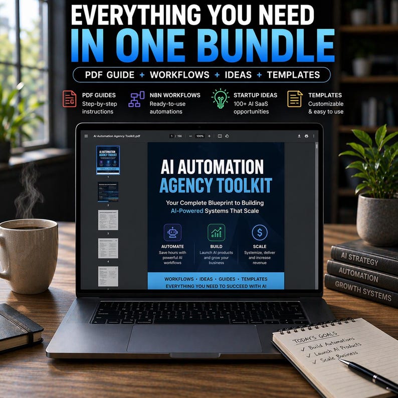 May include: A laptop displays "AI Automation Agency Toolkit" with the text "Everything You Need In One Bundle." The screen shows a guide, workflows, ideas, and templates. A cup of coffee and a notepad with goals are on the wooden desk.