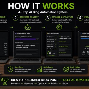 Op de afbeelding: Een infographic getiteld "HOW IT WORKS" beschrijft een 4-staps AI blog automatiseringssysteem. De stappen omvatten idee & onderzoek, genereer content, optimaliseer & structureer en publiceer automatisch. De afbeelding toont laptops en iconen.