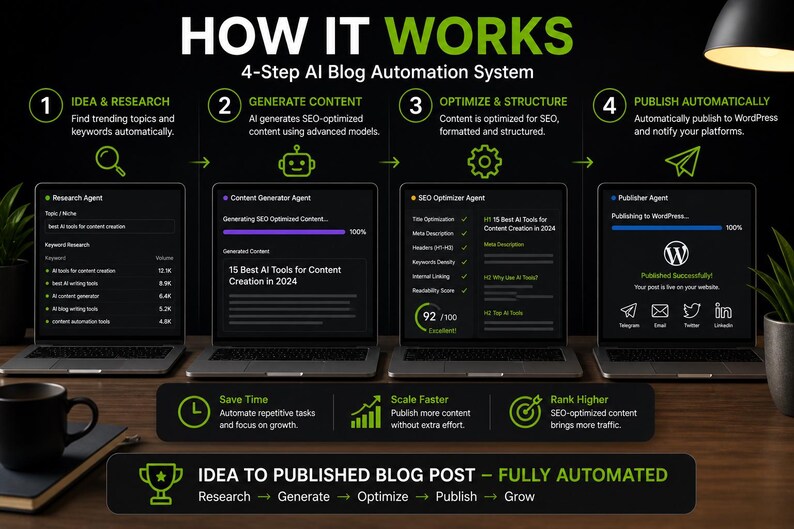 Op de afbeelding: Een infographic getiteld "HOW IT WORKS" beschrijft een 4-staps AI blog automatiseringssysteem. De stappen omvatten idee & onderzoek, genereer content, optimaliseer & structureer en publiceer automatisch. De afbeelding toont laptops en iconen.