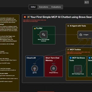 Op de afbeelding: Een donker thema gebruikersinterface met tekst en diagrammen. De titel luidt "Your First Simple MCP AI Chatbot using Brave Search". De interface bevat secties met de labels "Try Me", "AI Agent with Tools" en "MCP Toolbox".