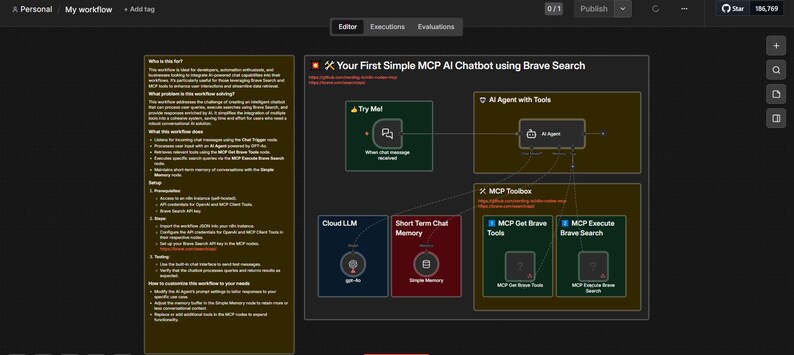 Op de afbeelding: Een donker thema gebruikersinterface met tekst en diagrammen. De titel luidt "Your First Simple MCP AI Chatbot using Brave Search". De interface bevat secties met de labels "Try Me", "AI Agent with Tools" en "MCP Toolbox".