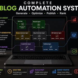 Op de afbeelding: Een laptopscherm toont een diagram van een AI blog automatiseringssysteem. De afbeelding bevat tekst en pictogrammen voor onderzoek, content generatie, bewerking, SEO optimalisatie en publicatie. Het systeem belooft tijd te besparen, snel te schalen, het verkeer te vergroten en inkomsten te genereren.