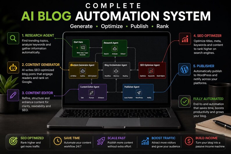Op de afbeelding: Een laptopscherm toont een diagram van een AI blog automatiseringssysteem. De afbeelding bevat tekst en pictogrammen voor onderzoek, content generatie, bewerking, SEO optimalisatie en publicatie. Het systeem belooft tijd te besparen, snel te schalen, het verkeer te vergroten en inkomsten te genereren.