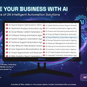 May include: A computer monitor displays a list of AI automation solutions, including SEO, social media, and financial reports. The screen shows the text "AUTOMATE YOUR BUSINESS WITH AI". The image has a dark blue and purple background with the text "LIMITED TIME OFFER Save 40% Today".