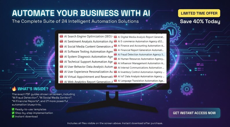 May include: A computer monitor displays a list of AI automation solutions, including SEO, social media, and financial reports. The screen shows the text "AUTOMATE YOUR BUSINESS WITH AI". The image has a dark blue and purple background with the text "LIMITED TIME OFFER Save 40% Today".