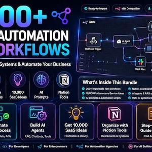 May include: A digital graphic promoting AI automation workflows. The image features the text "200+ AI AUTOMATION WORKFLOWS" in large, colorful letters. It includes icons and text describing features like automations, SaaS ideas, AI prompts, and Notion tools.