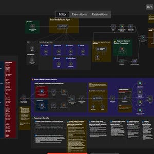 Op de afbeelding: Een donker thema workflowdiagram met onderling verbonden knooppunten en tekstlabels. Het diagram bevat verschillende gekleurde vakken en lijnen, die een complex proces illustreren. Tekst bevat "Editor", "Executions" en "Evaluations".