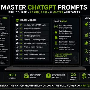 Op de afbeelding: Een laptopscherm toont "MASTER CHATGPT PROMPTS" met cursusdetails. De cursus belooft te leren hoe je AI-prompts kunt leren, toepassen en beheersen. Het scherm toont modules, inhoud en voordelen van de cursus.