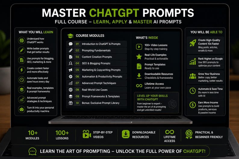 Op de afbeelding: Een laptopscherm toont "MASTER CHATGPT PROMPTS" met cursusdetails. De cursus belooft te leren hoe je AI-prompts kunt leren, toepassen en beheersen. Het scherm toont modules, inhoud en voordelen van de cursus.