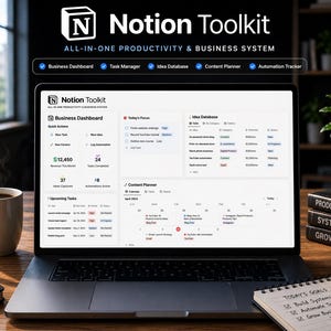 May include: A laptop displaying the "Notion Toolkit" interface, a productivity and business system. The screen shows a business dashboard, task manager, idea database, and content planner. A coffee mug, notebook, and potted plant are on the wooden desk.