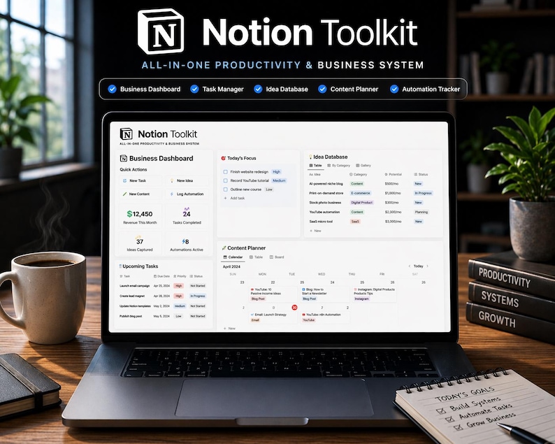 May include: A laptop displaying the "Notion Toolkit" interface, a productivity and business system. The screen shows a business dashboard, task manager, idea database, and content planner. A coffee mug, notebook, and potted plant are on the wooden desk.