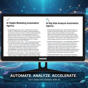 May include: A computer monitor displays text about AI digital marketing and data analysis automation agencies. The screen is set against a futuristic background with glowing lines and geometric shapes. Text includes "Boost Your ROI 300%" and "Predictive Power Unleashed."
