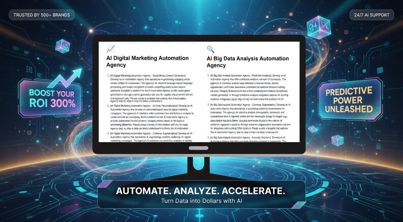 May include: A computer monitor displays text about AI digital marketing and data analysis automation agencies. The screen is set against a futuristic background with glowing lines and geometric shapes. Text includes "Boost Your ROI 300%" and "Predictive Power Unleashed."