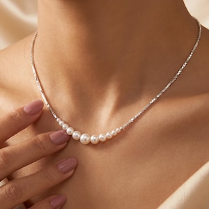 Halsband med 925 silverpärlor | Minimalistisk koreansk fransk vintage nyckelbenskedja | Smycken med vita pärlor