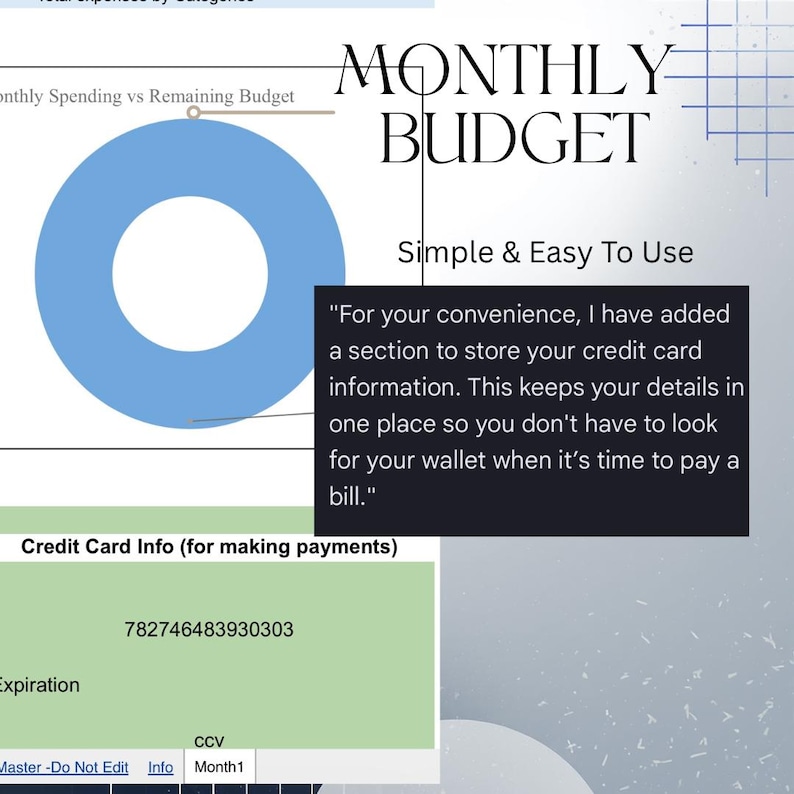 K&ouml;nnte beinhalten: Eine digitale monatliche Budgetvorlage mit einem blauen Kreisdiagramm und den Worten "MONTHLY BUDGET" in gro&szlig;en schwarzen Buchstaben. Der Text "Simple & Easy To Use" steht unter dem Titel. Ein Abschnitt zur Speicherung von Kreditkarteninformationen ist enthalten.