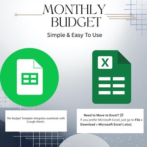 K&ouml;nnte beinhalten: Grafik zur Werbung f&uuml;r eine monatliche Budgetvorlage. Der Text lautet "MONTHLY BUDGET" und "Simple & Easy To Use". Es zeigt einen gr&uuml;nen Kreis mit einem Google Sheets-Symbol und einem gr&uuml;nen Excel-Symbol. Text darunter erkl&auml;rt die Integration und den Download.