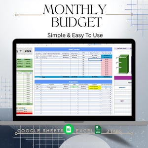 May include: A laptop displaying a "Monthly Budget" spreadsheet. The screen shows a debt tracker and expense categories. The text "Simple & Easy To Use" is above the screen. The laptop is on a gray surface. The spreadsheet is compatible with Google Sheets and Excel.