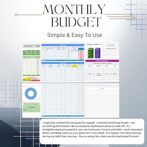 K&ouml;nnte beinhalten: Eine digitale monatliche Budgetvorlage mit den Worten "MONTHLY BUDGET" oben. Die Vorlage dient zur Verfolgung von Einnahmen, Schulden und Ausgaben. Sie enth&auml;lt Abschnitte f&uuml;r Daten, Notizen und Ziele. Der Text "Simple & Easy To Use" ist ebenfalls enthalten.
