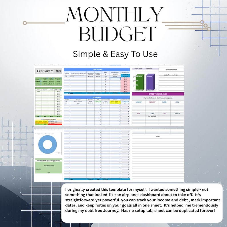 K&ouml;nnte beinhalten: Eine digitale monatliche Budgetvorlage mit den Worten "MONTHLY BUDGET" oben. Die Vorlage dient zur Verfolgung von Einnahmen, Schulden und Ausgaben. Sie enth&auml;lt Abschnitte f&uuml;r Daten, Notizen und Ziele. Der Text "Simple & Easy To Use" ist ebenfalls enthalten.