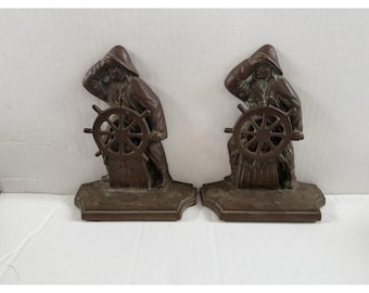 2 Vintage Seaman "At The Helm" Bookends - Heavy Brass