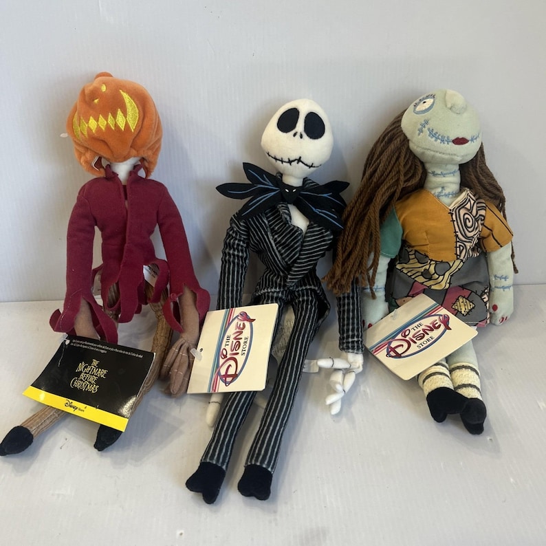 VTG 3 Disney The Nightmare Before Christmas Jack Pumpkin King Sally 13" Bean Bag image 1