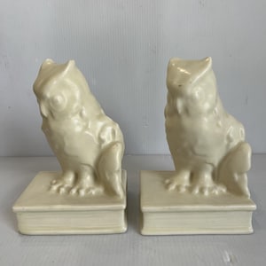 Może przedstawiać: Para kremowych ceramicznych podpórek do książek, z których każda przedstawia wyrzeźbioną sowę siedzącą na prostokątnej podstawie. Sowy są ukazane w pozycji siedzącej z detalami piór i rysami twarzy, wykończone gładką, błyszczącą glazurą.