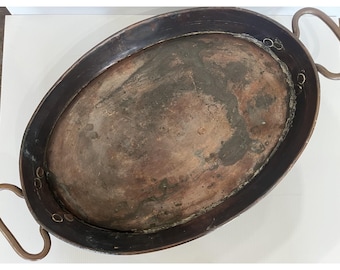 Antique Hammered Copper Tray with 2 Handles 19" Oval