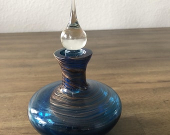 Hand Blown Clear Blue Glass Perfume Bottle with Gold Thread Glass Spiral Wrap