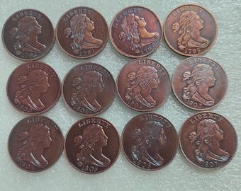 Juego de 12 monedas de un centavo grandes con busto drapeado, sin circular, 1796–1807 – Cobre estadounidense antiguo