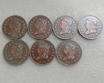 Klassisk stor centuppsättning 1808-1814 Komplett samling av 7 mynt Tidig amerikansk koppar USA:s historia