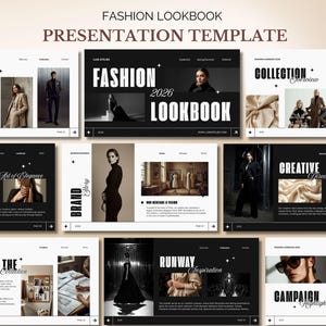 May include: A digital fashion lookbook presentation template featuring multiple slides with black and white layouts. The slides display text such as FASHION LOOKBOOK, WELCOME, FINALE, and RUNWAY INSPIRATION, alongside various photographs of models and clothing.