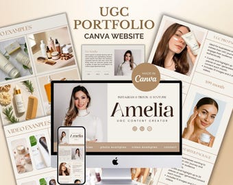 Plantilla de sitio web Canva minimalista beige para marketing digital UGC, creador de contenido, kit de redes sociales para influencers, diseño estético.