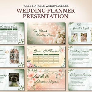 May include: A wedding planner presentation with slides featuring headings like "Vendor Contact List," "Wedding Vision & Theme," and "Honeymoon Planning." The design incorporates floral elements and soft color palettes.