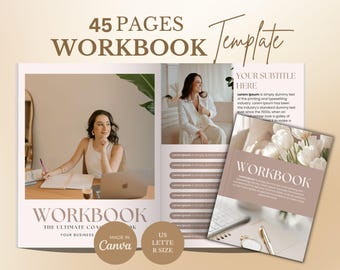 Plantilla de Canva para cuaderno de trabajo de estética neutra de 45 páginas, planificador de libros electrónicos de coaching, cuaderno de negocios, plantilla para crear cursos de autoayuda.