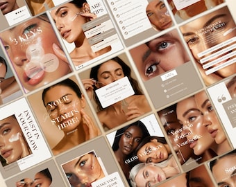 Plantilla de Instagram para cuidado de la piel en tonos beige (95 unidades) en Canva. Plantilla editable para redes sociales de belleza. Estilo minimalista, brillo, estética, cuidado de la piel, bienestar y spa.
