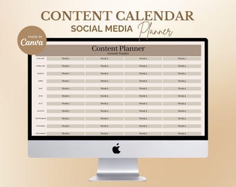 Plantilla Canva para calendario de contenido neutral en redes sociales, planificador de 54 páginas, planificador de contenido mensual y semanal, organizador digital para negocios en Instagram.