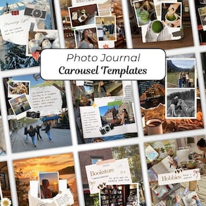 Puede incluir: Una colección de plantillas digitales de carrusel para diario fotográfico con varios diseños de collage, marcos estilo polaroid, texto manuscrito y elementos decorativos. Las plantillas muestran diversas escenas como viajes, café y vida cotidiana.