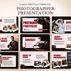 May include: A Canva portfolio template titled "Photographer Presentation" with sections for portfolio, recent projects, and social media. The design features images of cameras and photographs, with a color scheme of black, white, and red.