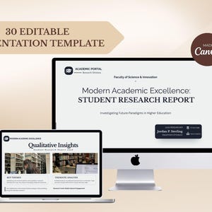 Puede incluir: Un monitor de computadora y una computadora port&aacute;til muestran una plantilla de presentaci&oacute;n. El monitor muestra una diapositiva de t&iacute;tulo con el texto "Modern Academic Excellence: STUDENT RESEARCH REPORT". La computadora port&aacute;til muestra "Qualitative Insights".