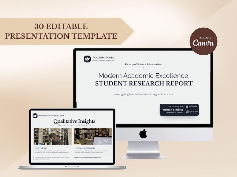 Puede incluir: Un monitor de computadora y una computadora port&aacute;til muestran una plantilla de presentaci&oacute;n. El monitor muestra una diapositiva de t&iacute;tulo con el texto "Modern Academic Excellence: STUDENT RESEARCH REPORT". La computadora port&aacute;til muestra "Qualitative Insights".