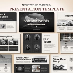 May include: A presentation template for an architecture portfolio. The design features a clean, modern layout with a neutral color palette. Slides include sections for software skills, recent projects, awards, team, and client case studies. The text "Architect's Portfolio" is displayed prominently.