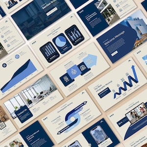 Könnte beinhalten: Eine Sammlung von Geschäftspräsentationsfolien mit modernem Design. Die Folien haben ein cremefarbenes und marineblaues Farbschema mit Diagrammen, Grafiken und Infografiken. Text enthält "Our Best Chart", "Welcome Message" und "Contact Us".