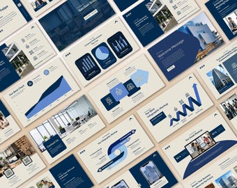 Presentación de negocios elegante en Canva, presentación de marketing moderna, diapositivas para cursos en línea, plantilla de presentación minimalista azul para seminarios web.
