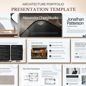 Può includere: Un modello di presentazione per portfolio di architettura con layout di diapositive multipli su sfondo bianco, testo nero e immagini. Le diapositive includono titoli di progetti come Alexandra Chen Studio, Jonathan Patterson e sezioni per planimetrie, moodboard e profili del team.