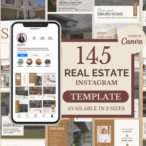 May include: A digital collage featuring real estate marketing materials. The central element is a smartphone displaying an Instagram profile. The text "145 Real Estate Instagram Template" is prominently displayed, with the Canva logo. Various property images are also visible.